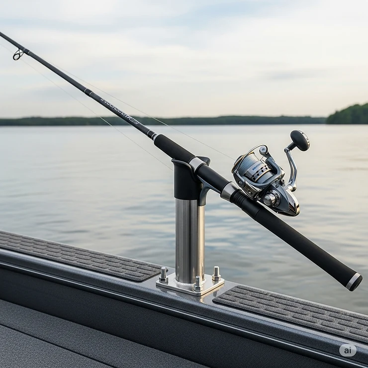 A picture of a fishing rod with a spinning reel resting comfortably and safely in a bolt-on rod holder, ready for action.