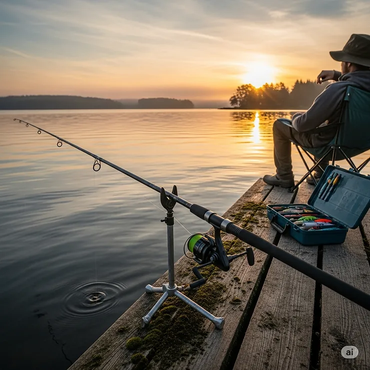 A fisherman's rod is secured in a holder, allowing them to relax while fishing from a dock.