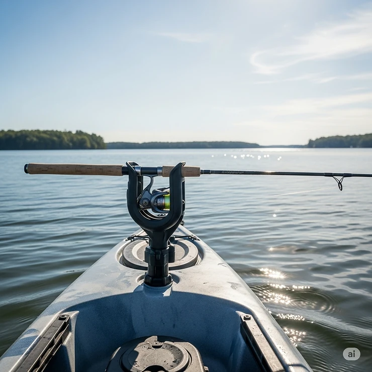 A fishing rod perfectly secured within a kayak fishing rod holder, prepared for trolling or hands-free fishing.