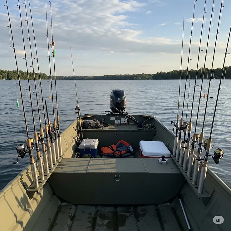 A jon boat on the water, showing multiple fishing rods positioned vertically in various rod holders along the sides of the boat.