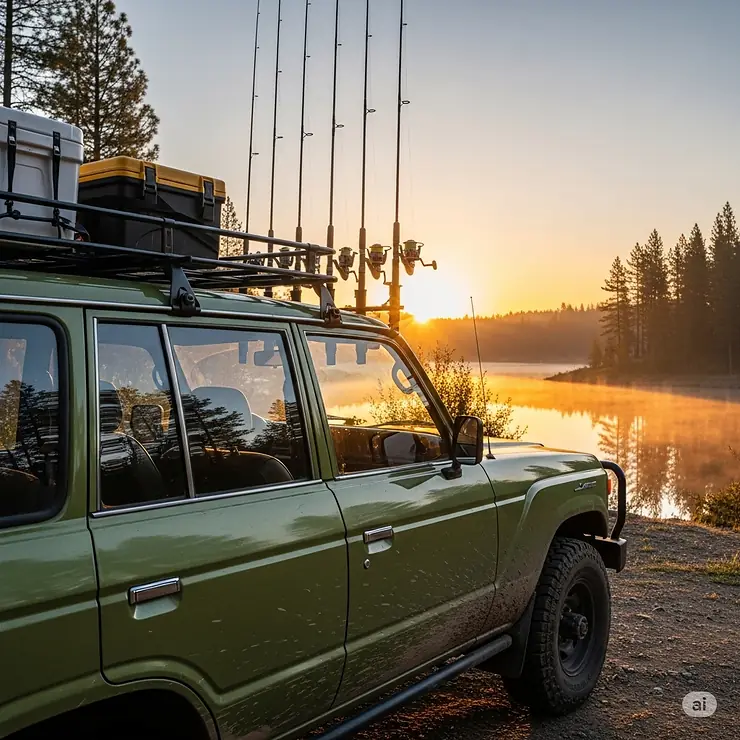 A side view of a car with fishing rods securely mounted on the roof, ready for a fishing trip.