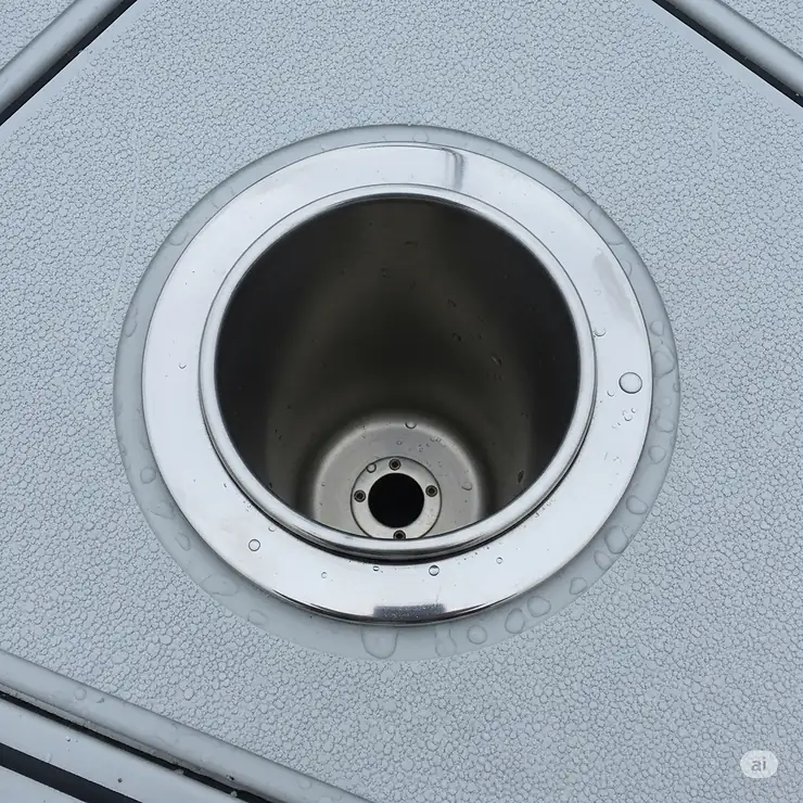 A flush mount boat rod holder integrated seamlessly into the deck of a small fishing boat, with the top rim visible and a drain hole at the bottom.