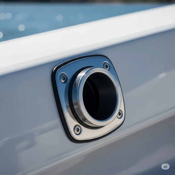 Close-up view of a high-quality flush mount boat fishing rod holder installed cleanly into a boat's gunwale.