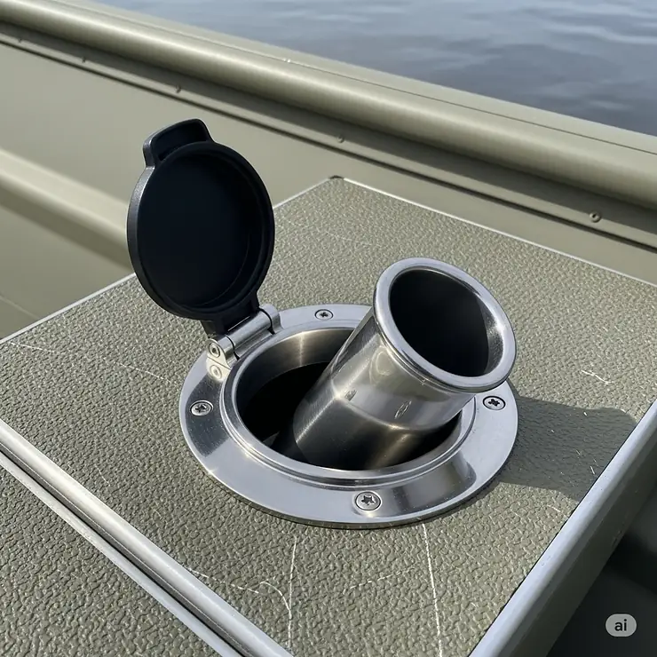 A detailed image of a flush-mount rod holder installed directly into the deck of a jon boat, showing its seamless, low-profile design.