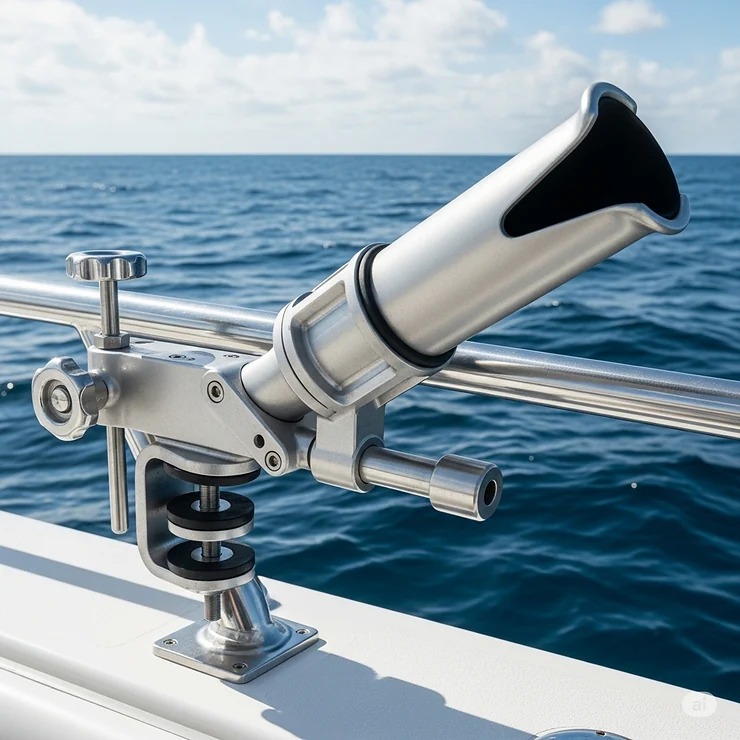 An illustration of a heavy-duty clamp-on rod holder, built to withstand the strain of offshore fishing and large catches.