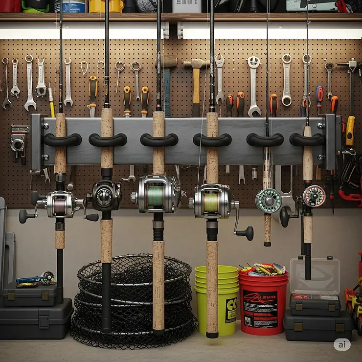 A detailed image of a heavy-duty fishing rod holder designed for storing multiple rods with reels in a busy garage environment.