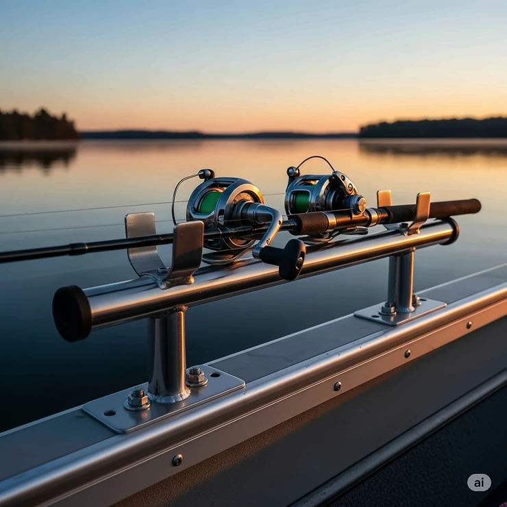 A close-up shot of a horizontal fishing rod holder mounted on a boat's gunwale, securely storing two rods with reels. The background shows a calm lake at sunrise.