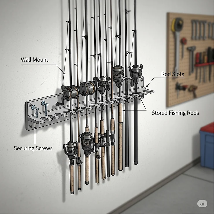 A diagram showing a horizontal fishing rod holder mounted on a garage wall, perfect for storing and displaying fishing gear at home.