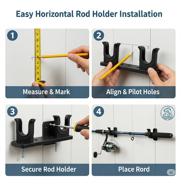 A step-by-step graphic illustrating the easy installation process for a horizontal fishing rod holder using basic tools.