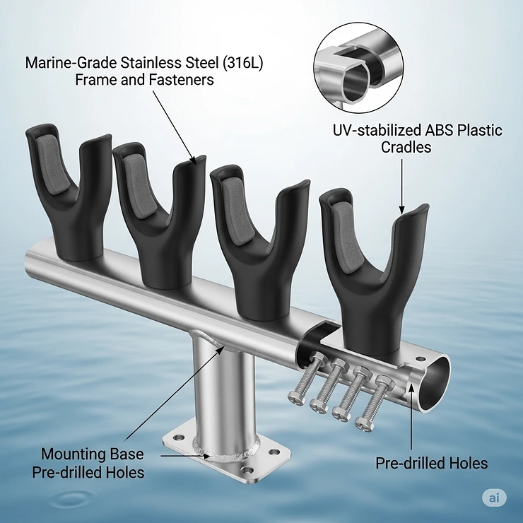 A diagram showing the durable, corrosion-resistant materials used to construct a high-quality horizontal fishing rod holder.