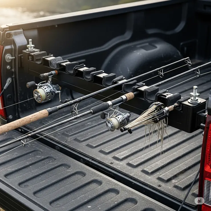 A visual guide of a horizontal fishing rod holder attached to the back of a pickup truck, providing a safe and convenient way to transport multiple rods.