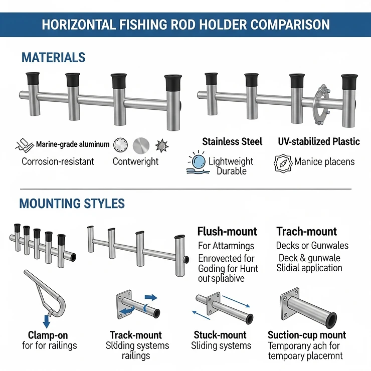 An infographic comparing different types of horizontal fishing rod holders, highlighting variations in materials and mounting styles.
