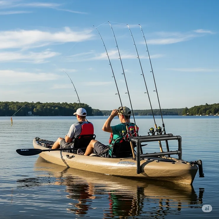 Illustration of a horizontal kayak rod rack on the back of a tandem kayak, showing how it keeps fishing lines from tangling.