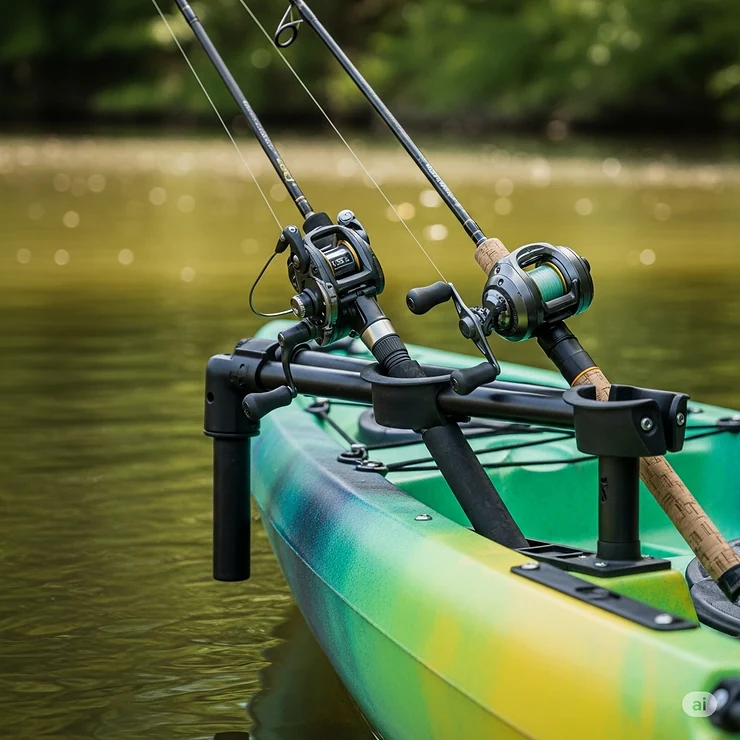 Close-up of a horizontal rod holder positioned along the side of a kayak, showing how it keeps fishing rods out of the way for paddling and navigation.
