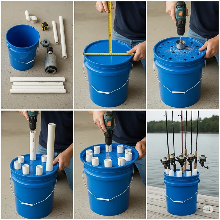 A step-by-step image showing how to build a DIY bucket rod holder.