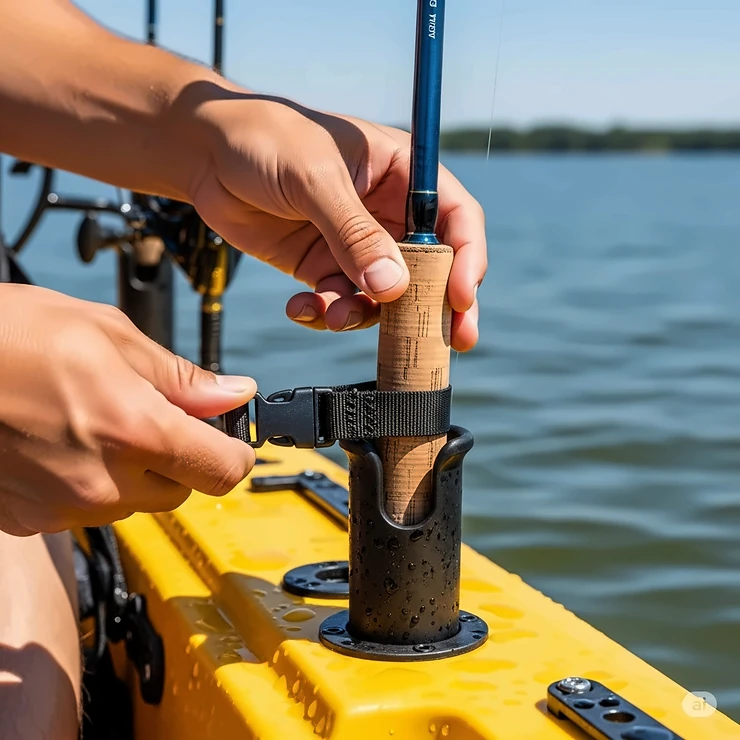 A step-by-step graphic showing a user securing their fishing rod into a kayak holder with the help of a safety strap.