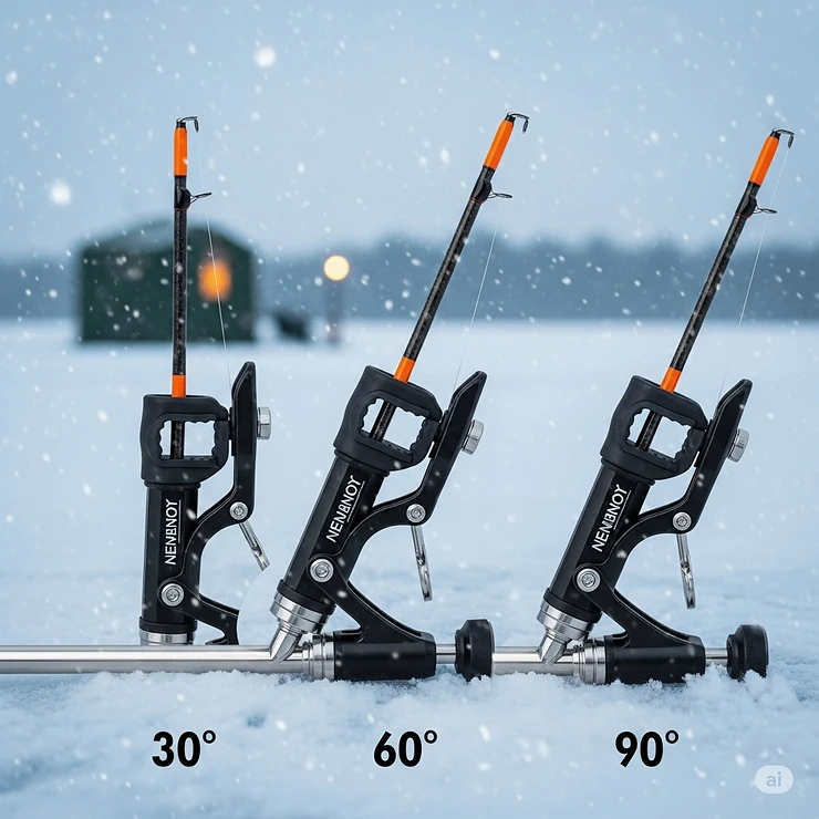 An adjustable ice fishing rod holder shown with its head tilted at various angles, highlighting its versatility and secure grip on the rod.