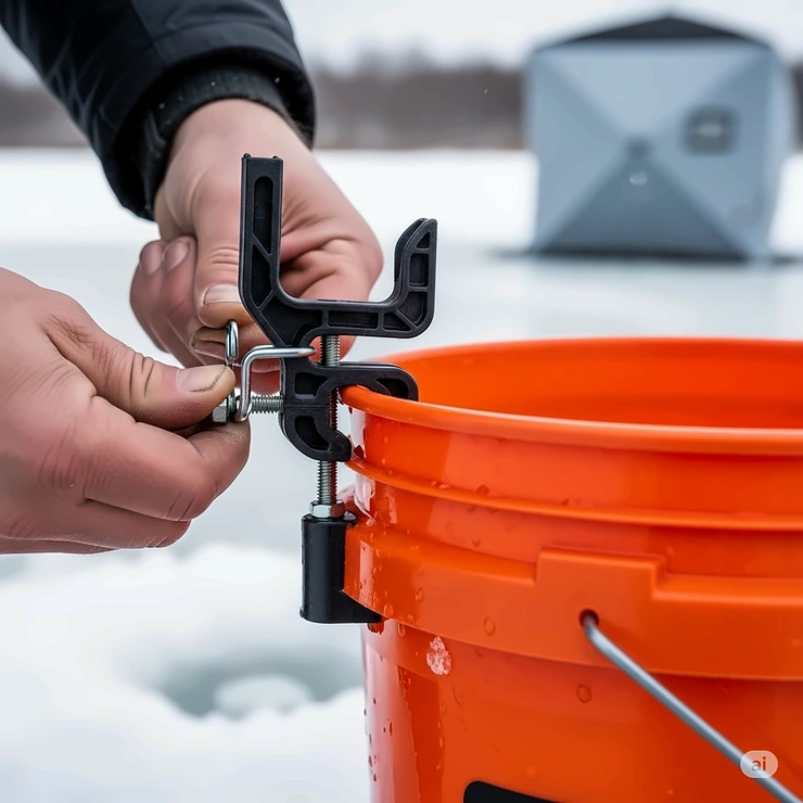 A fisherman attaching a simple, clamp-style ice fishing rod holder to the rim of a standard five-gallon bucket, illustrating a practical, portable setup.