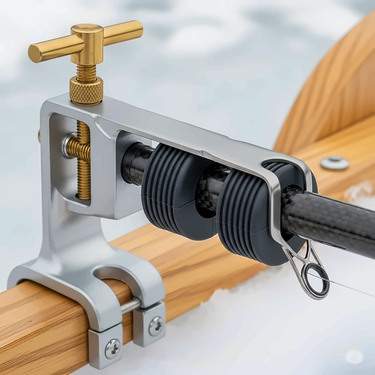 A detailed view of the clamp and grip mechanism of an ice fishing rod holder, highlighting its materials and the secure hold it provides on the rod.