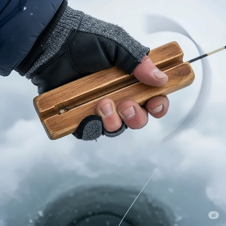 A close-up of an angler’s hand gripping a simple, handheld ice fishing rod holder while actively jigging the bait, perfect for mobile fishing.