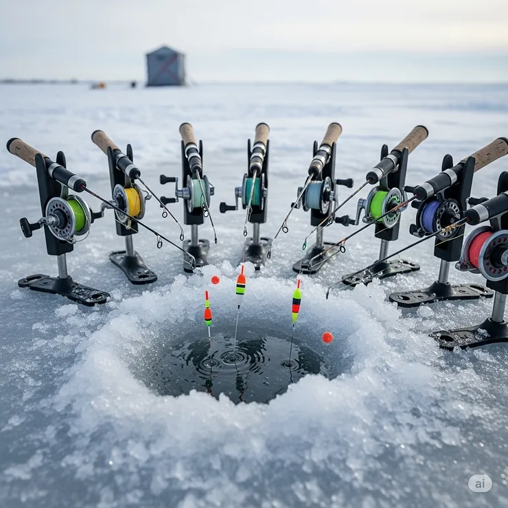 An image showing multiple ice fishing rod holders arranged around a single ice hole, allowing an angler to use several rods simultaneously.