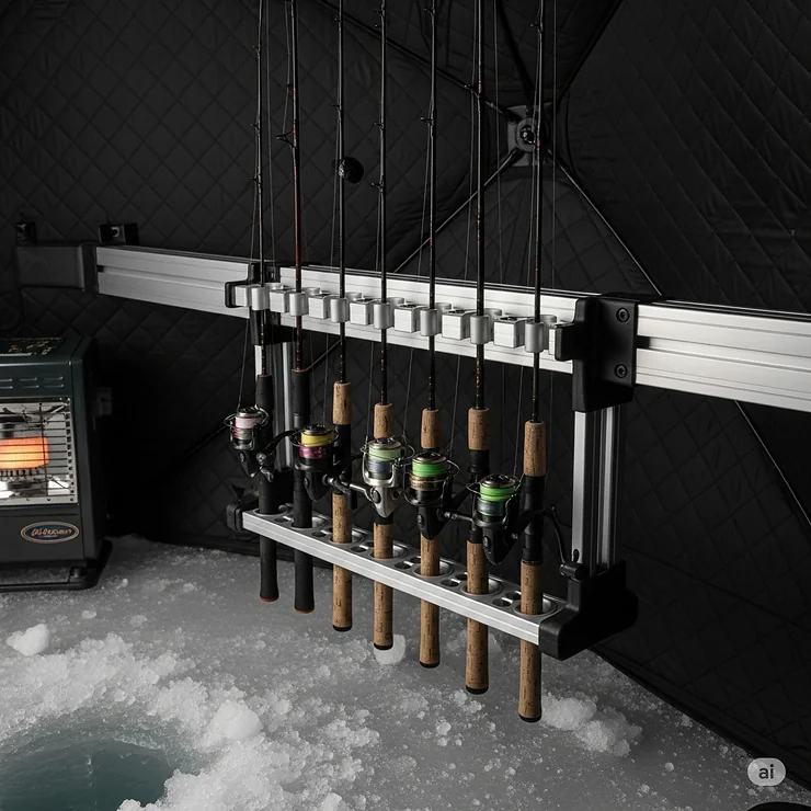 A convenient ice fishing rod holder mounted inside a fishing shelter, attached to a rail, showing how it saves space and keeps rods organized.