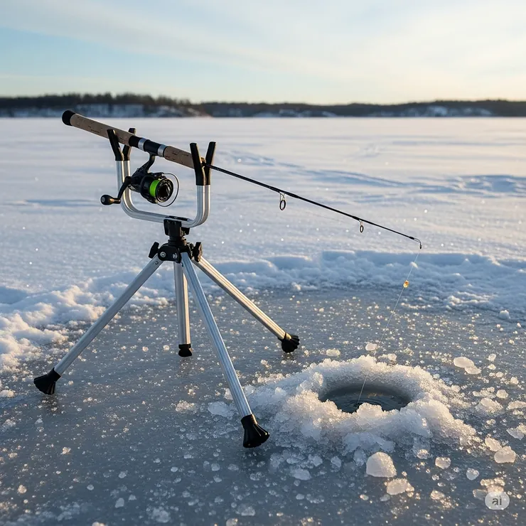 A compact tripod-style ice fishing rod holder set up on the ice next to a hole, demonstrating its stability and ease of use for hands-free fishing.