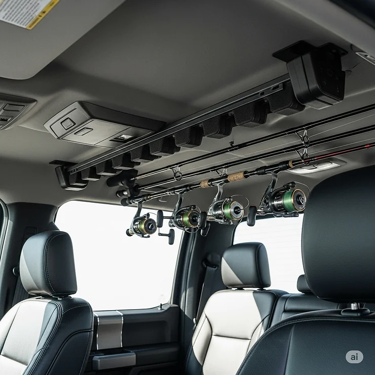 An interior fishing rod holder installed in a pickup truck, keeping the fishing rods safe and out of the way.