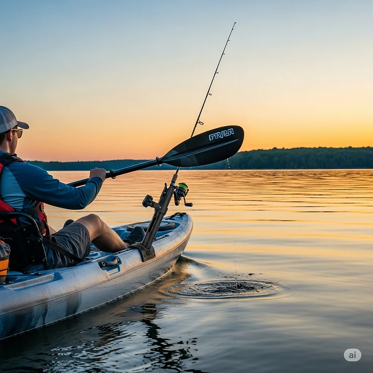 A kayak equipped with a versatile, low-profile bolt-on rod holder, positioned for easy access while paddling.