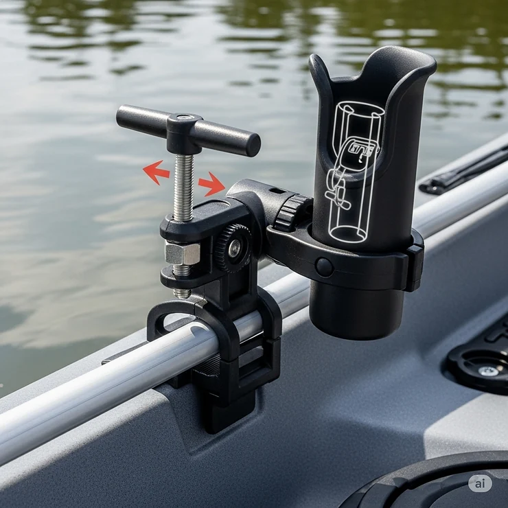 A clamp-on kayak fishing rod holder attached firmly to the side rail of a sit-on-top kayak, demonstrating easy installation.