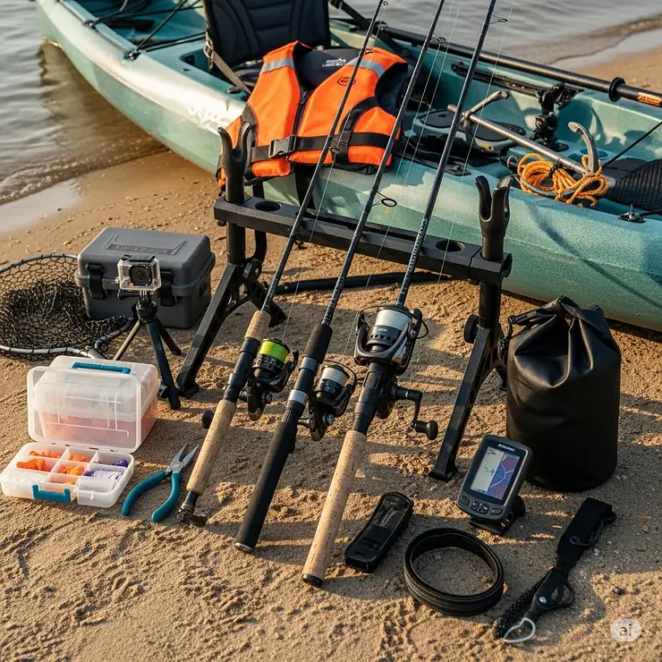 A collection of essential kayak fishing accessories, with a kayak rod rack as the central component.