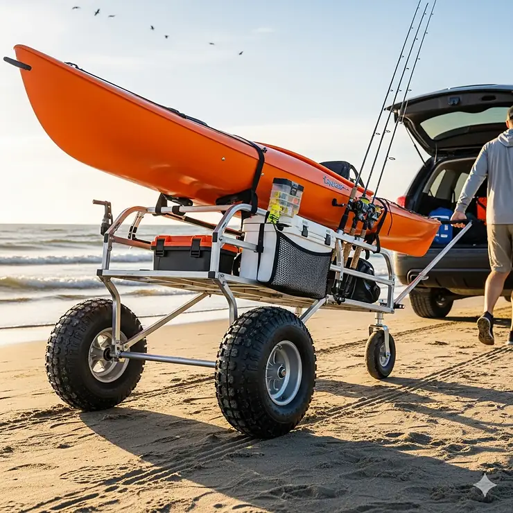 A fishing cart with large, all-terrain wheels is used to transport a kayak and gear from a car to the shoreline.