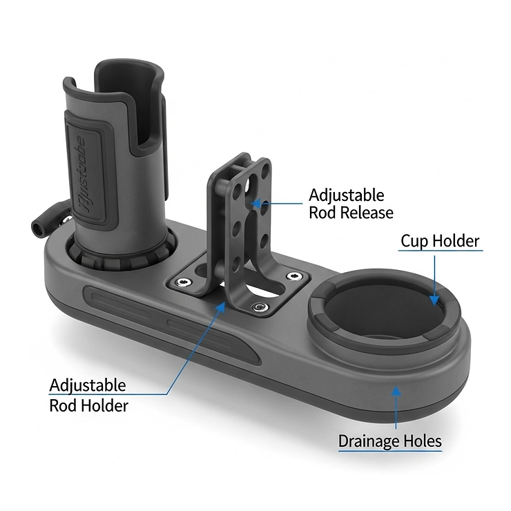 A detailed graphic of a multi-functional kayak accessory featuring a rod holder and a built-in cup holder.