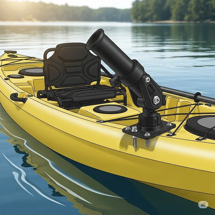 A detailed illustration showing a single fishing rod holder mounted on the side of a kayak.