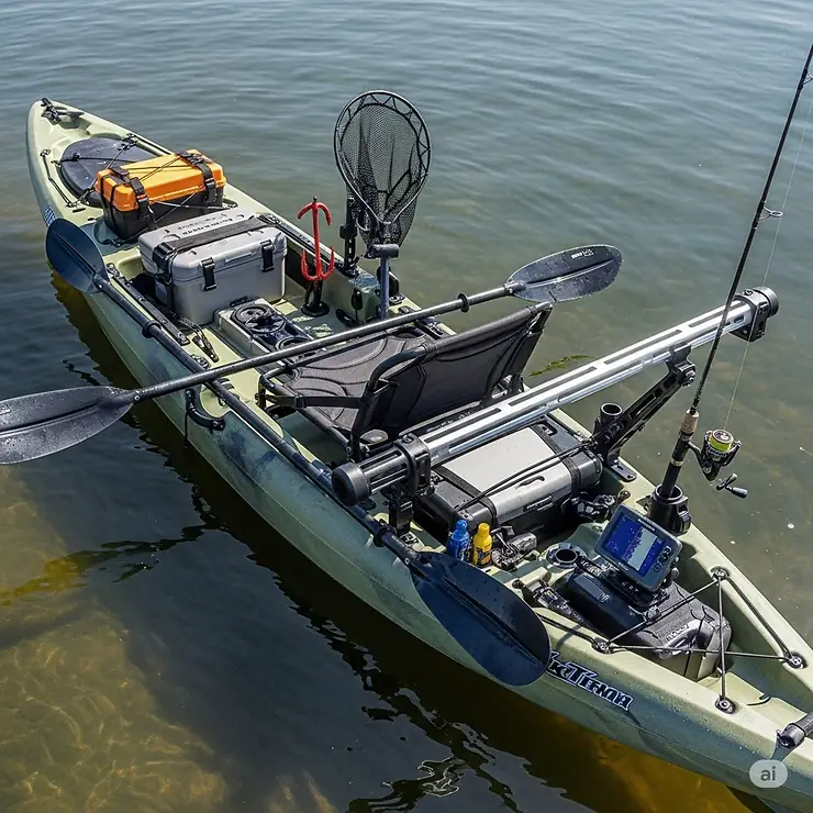An overhead view of a complete kayak fishing setup, highlighting the convenient placement of a horizontal rod holder for quick access to gear.