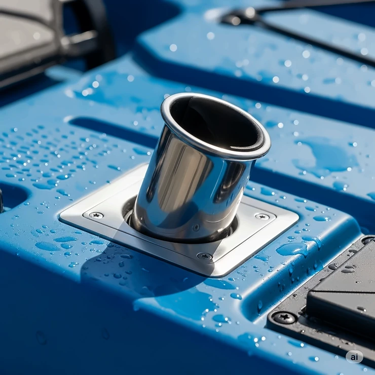 Detailed view of a flush mount kayak fishing rod holder securely installed into the deck of a blue fishing kayak.