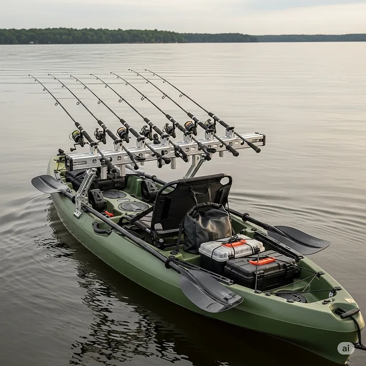 An image of a kayak rigged with a horizontal rod holder system capable of holding multiple rods, demonstrating efficient use of space for serious anglers.