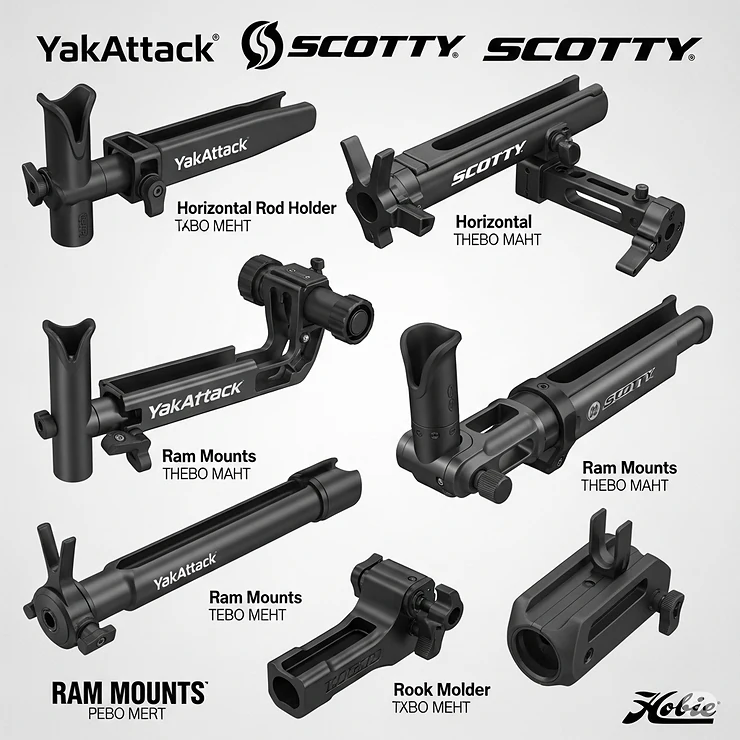 An illustration showcasing popular brands of horizontal kayak rod holders, helping users identify and compare different models available on the market.