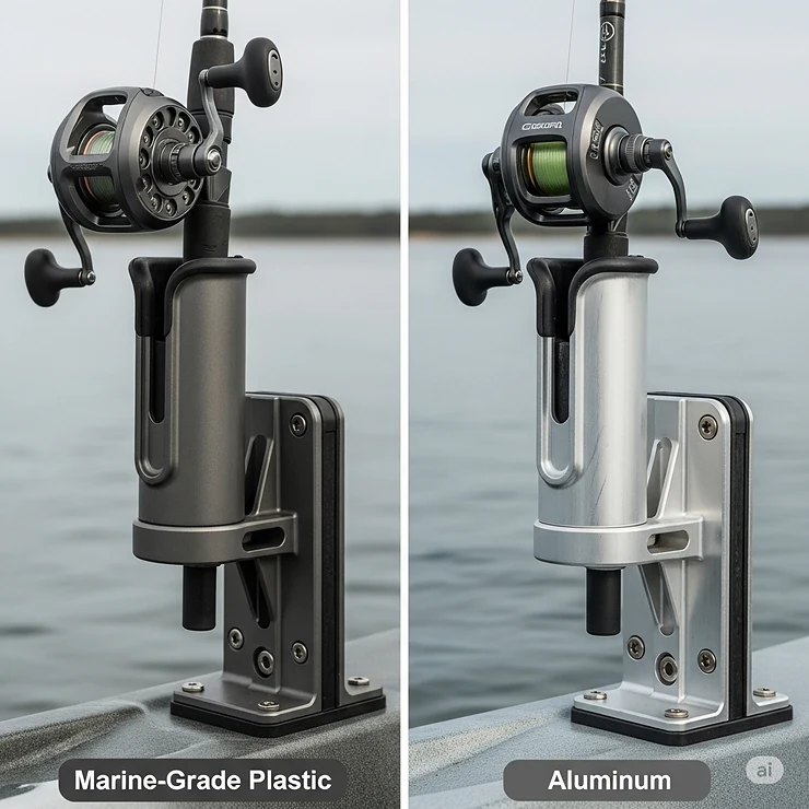 Comparison image showcasing kayak fishing rod holders made from different durable materials like marine-grade plastic and aluminum.