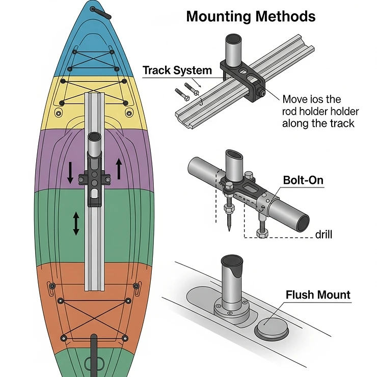 Diagram illustrating various mounting methods for a kayak rod holder, such as track systems, bolt-on, and flush mounts, on a kayak deck.