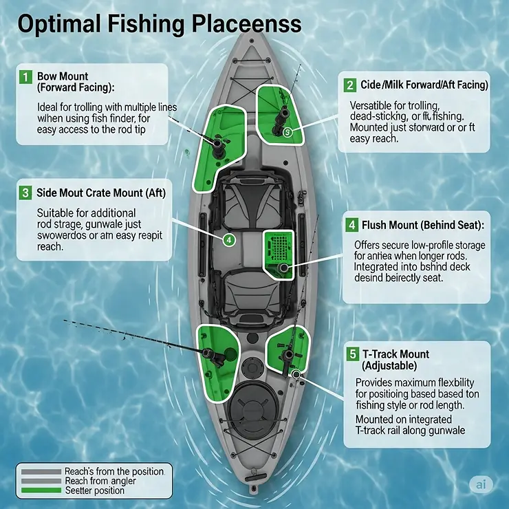 Informative diagram highlighting optimal placement spots for kayak fishing rod holders, considering user access and fishing style.