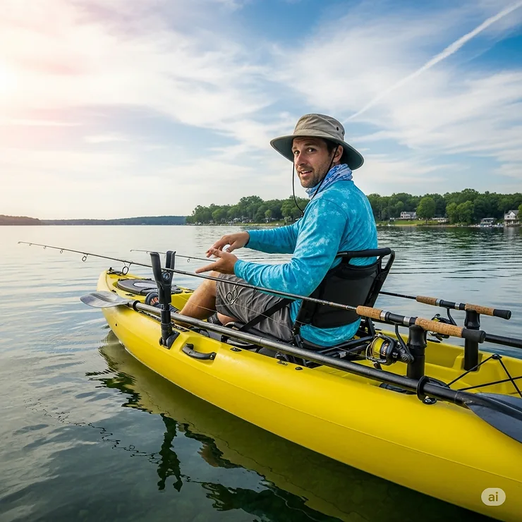A kayak angler demonstrating how a horizontal rod holder facilitates easy and secure rod storage during transport or while on the water.