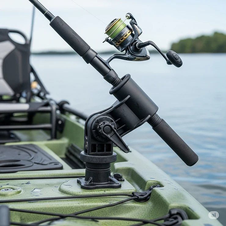 A picture of a kayak rod holder with an adjustable angle feature, highlighting its flexibility for different fishing techniques.