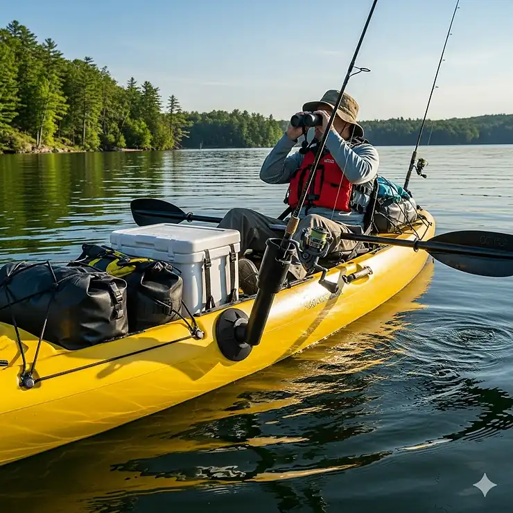 An angler's kayak with a suction cup fishing rod holder attached to the side for hands-free trolling.