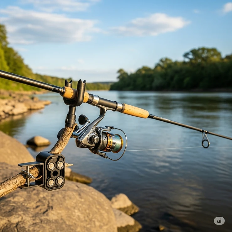 A view of a fishing rod and reel securely held by the magnetic rod holder, preventing damage.