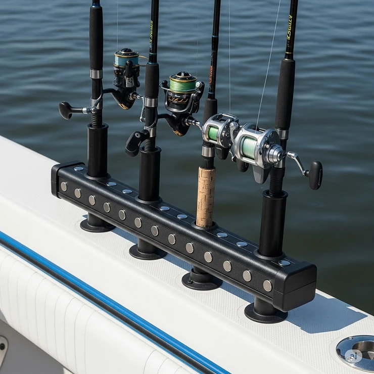 A magnetic rod holder attached to a boat's side, securely holding fishing rods in place.