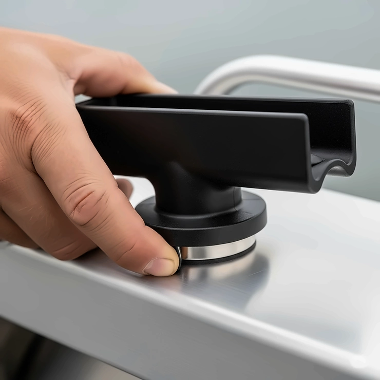 Close-up of a magnetic rod holder being easily installed on a metal boat surface without tools.