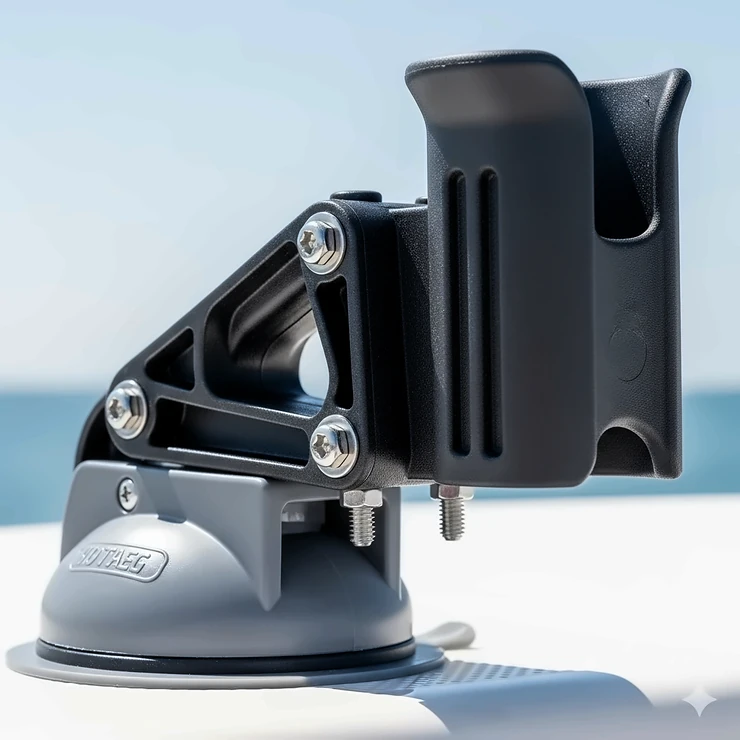 A detailed view of a marine-grade suction cup fishing rod holder showing its durable construction.