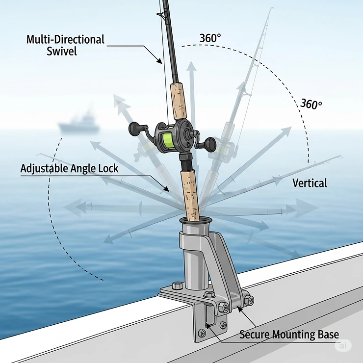 Illustration showing the multi-directional swivel feature of a high-quality adjustable boat rod holder, highlighting its versatility.