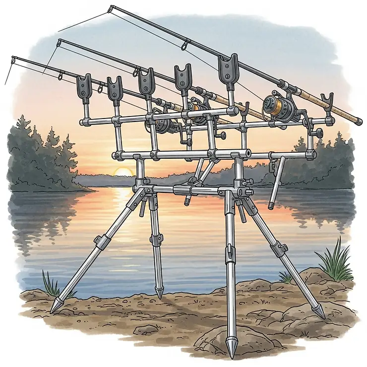 An illustration of a multi-rod bank fishing stand, capable of holding several fishing rods simultaneously, ideal for anglers using multiple lines.